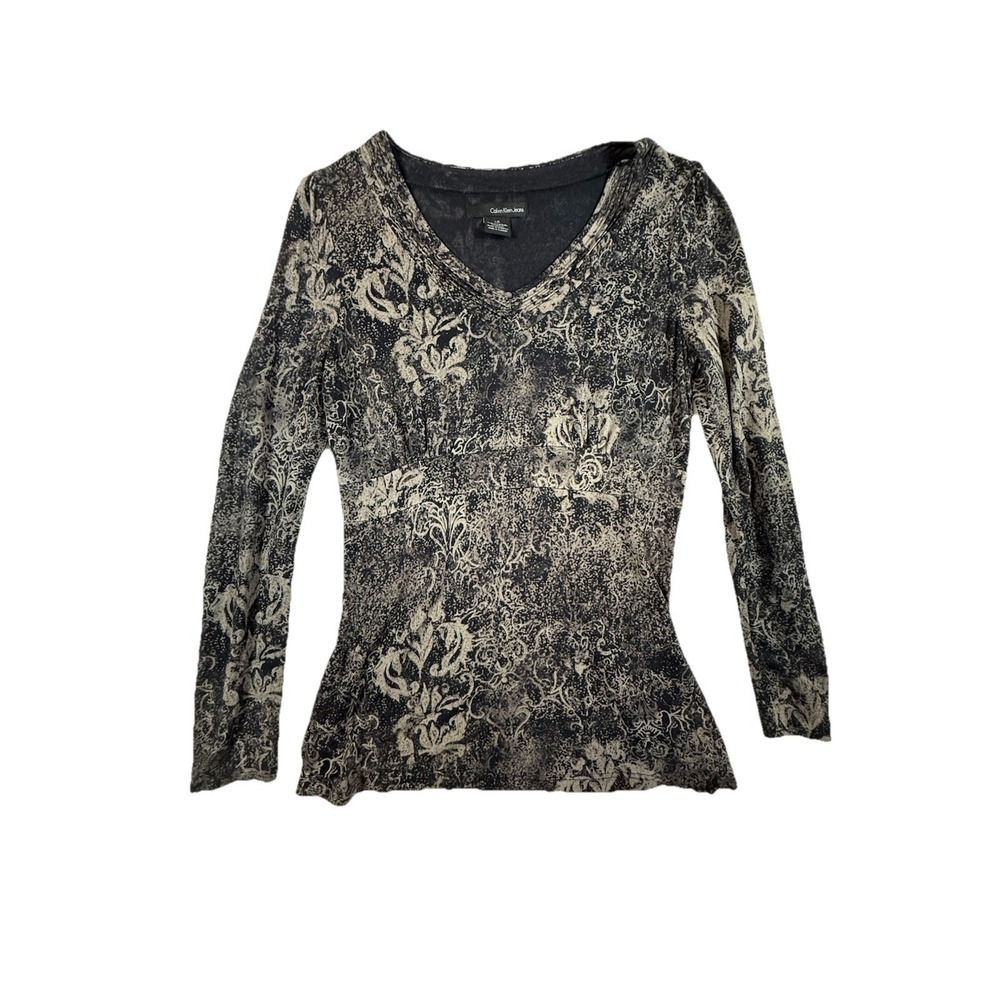 Calvin Klein Jeans Women L/G Black Floral V-Neck Long Sleeve Top Stretch